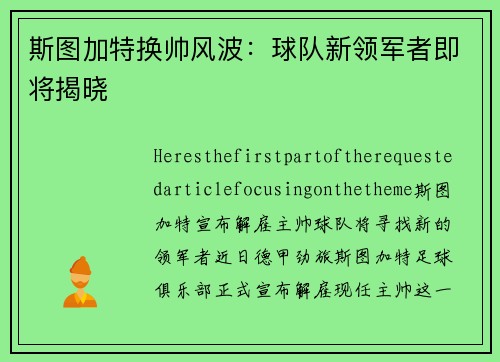 斯图加特换帅风波：球队新领军者即将揭晓